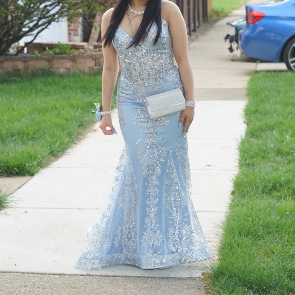 Shimmering Silver and Blue Prom Dress